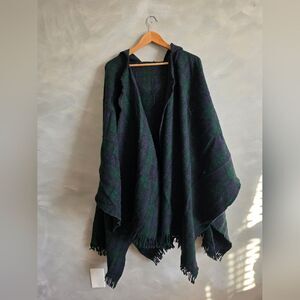 Vintage Tartan Plaid Poncho Hooded Wool Open Front Blue Green Amana OS Unisex